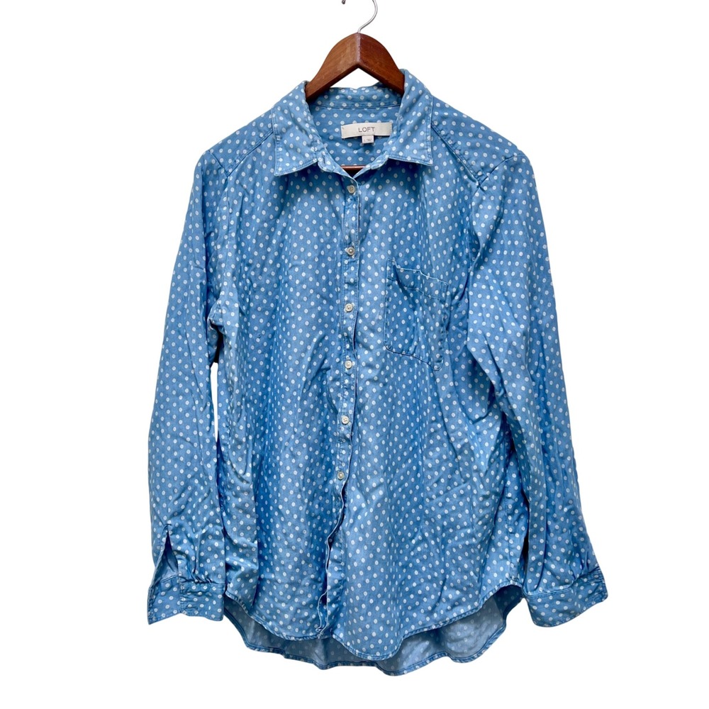 LOFT Women's Blue Polka Dot Long Sleeve Button Down Shirt Chambray Size L